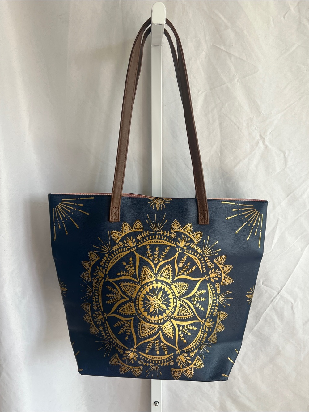 Papaya Navy Tote with Gold Mandala and Brown Straps Pink Satan Lined - Picture 11 of 16